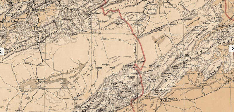 Algérie, carte Niox, 1884, sud Mascara, Laghouat, Djelfa